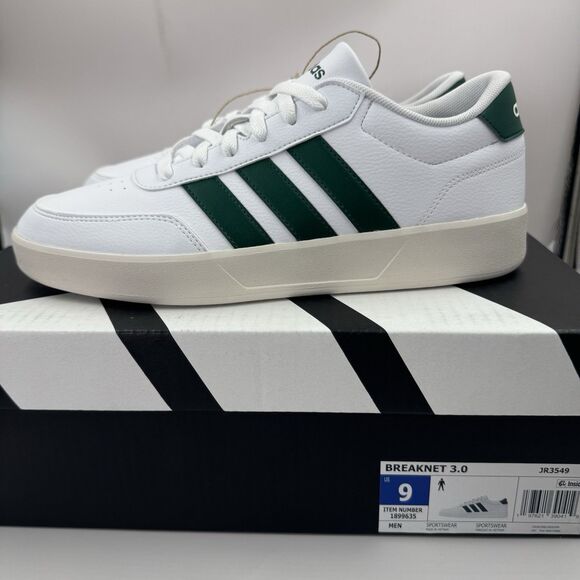 Adidas Breaknet 3.0 Men’s Size 9 White Green Low Top Court Sneakers JR3549 NEW